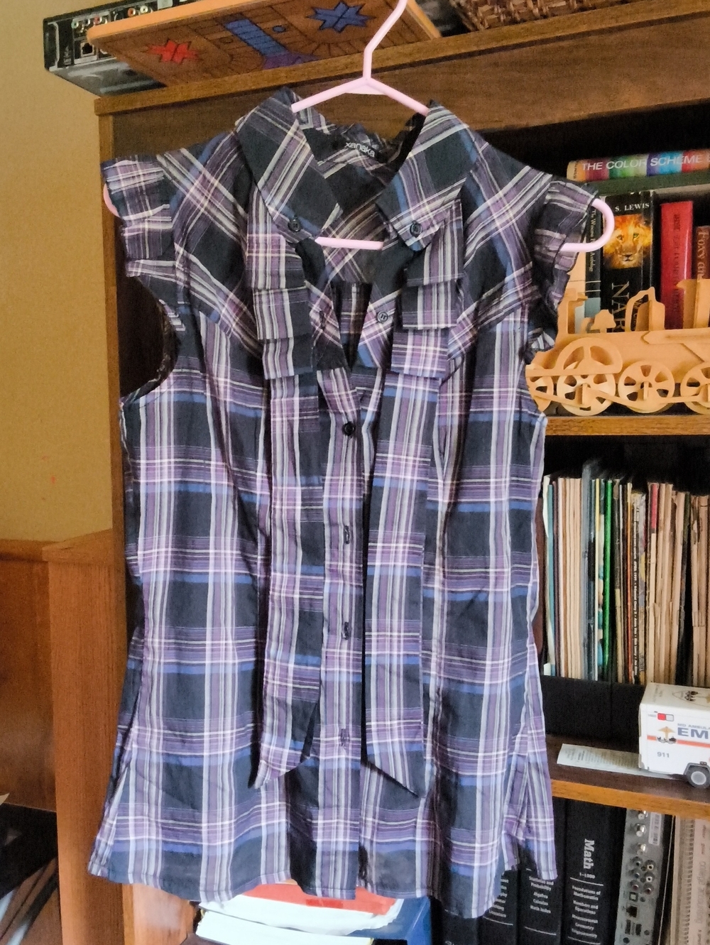 Sleeveless Plaid Button-Front Tunic in Black and Purple